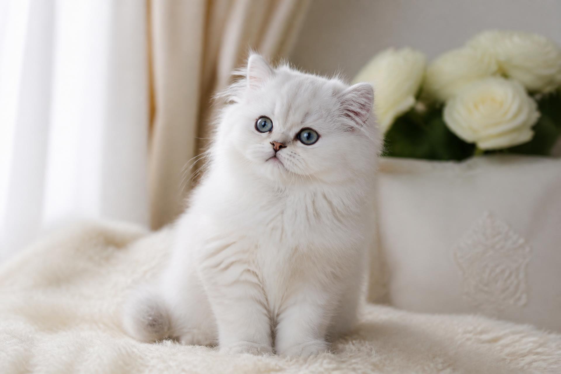 Pure white British Longhair kitten with blue eyes resting on a cream blanket